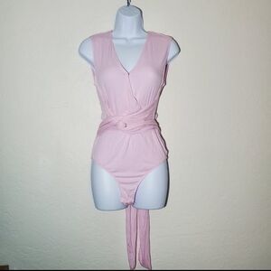 BCBGeneration Pale Pink Ribbed Bodysuit Surplice Wrap